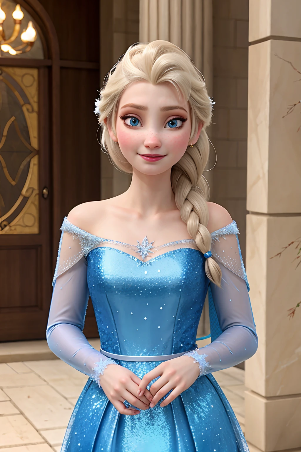 <lora:Elsa_v1:0.7> elsa, sparkling blue dress, upper body