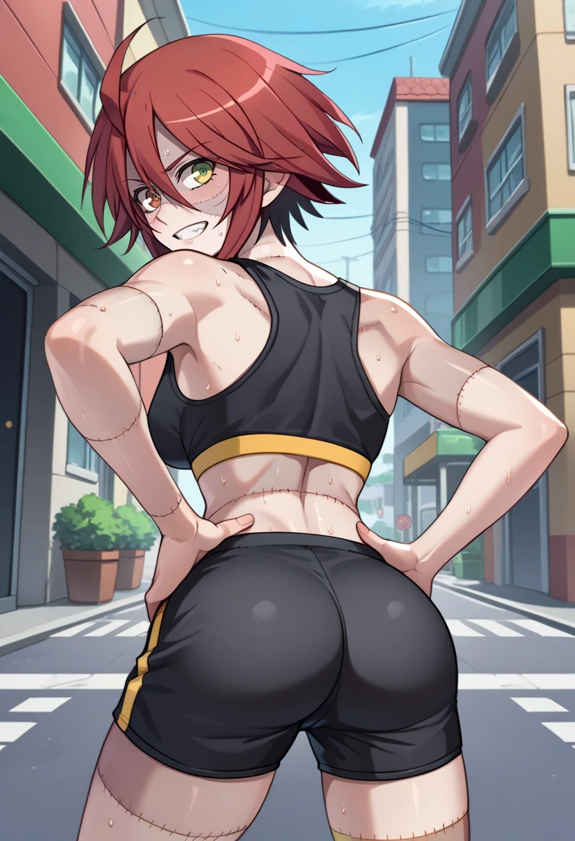 score_9, score_8_up, score_7_up, source_anime, from behind, solo, 1girl, mmzombina, zombie, stitches, patchwork skin, sweat, smirk, looking back, hands on own hips, ahoge, heterochromia, yellow eyes, green eyes, black sports bra, black shorts, short shorts, ass, outdoors, city street <lora:monstermusume_zombina_ponyXL_1:1>