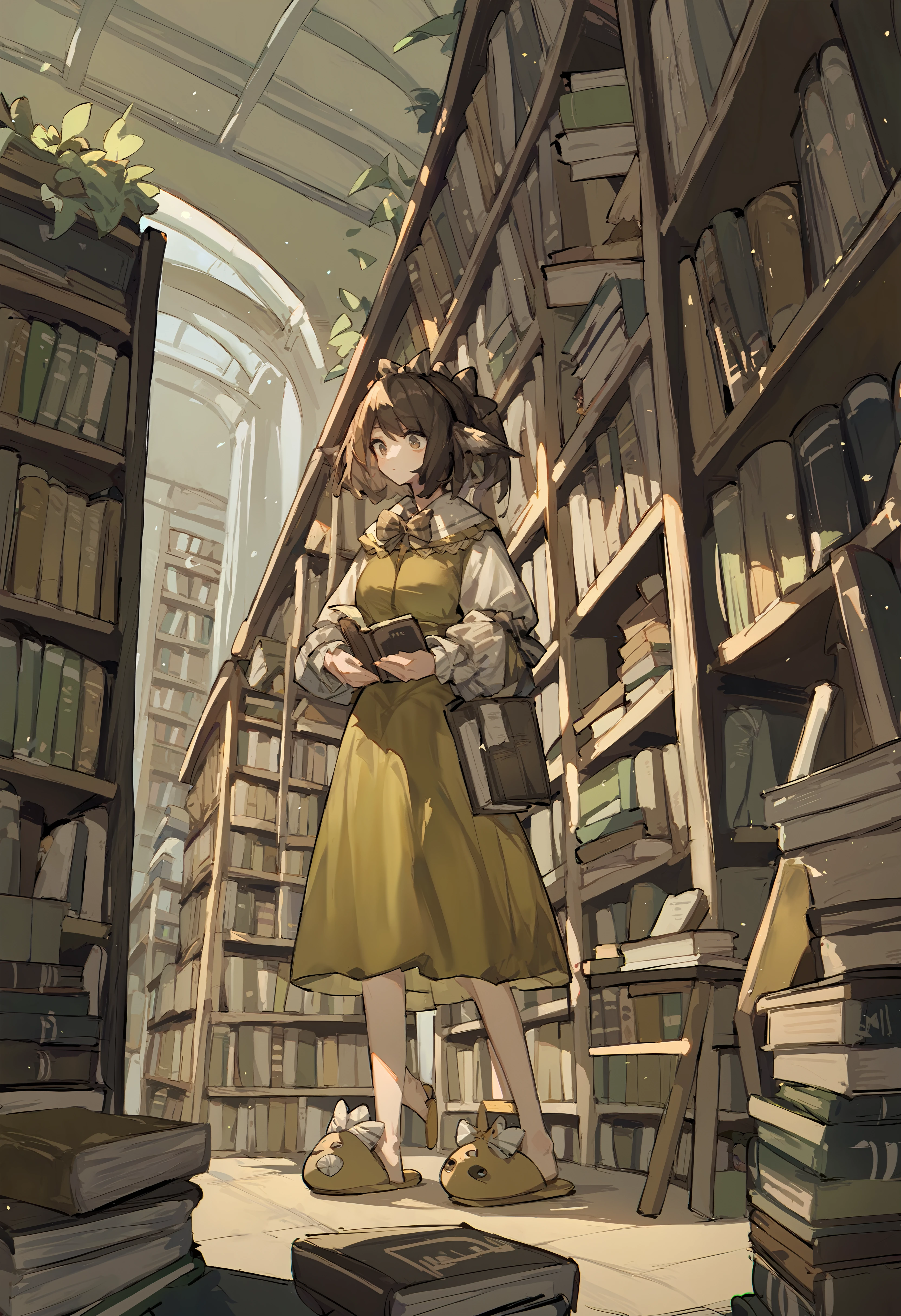 (score_9, score_8_up, score_7_up), 1girl, perfumer la, brown dress, brown slippers, in a library, bookshelf, holding book, <lora:perfumer-akPO-v1c-000008:0.9>