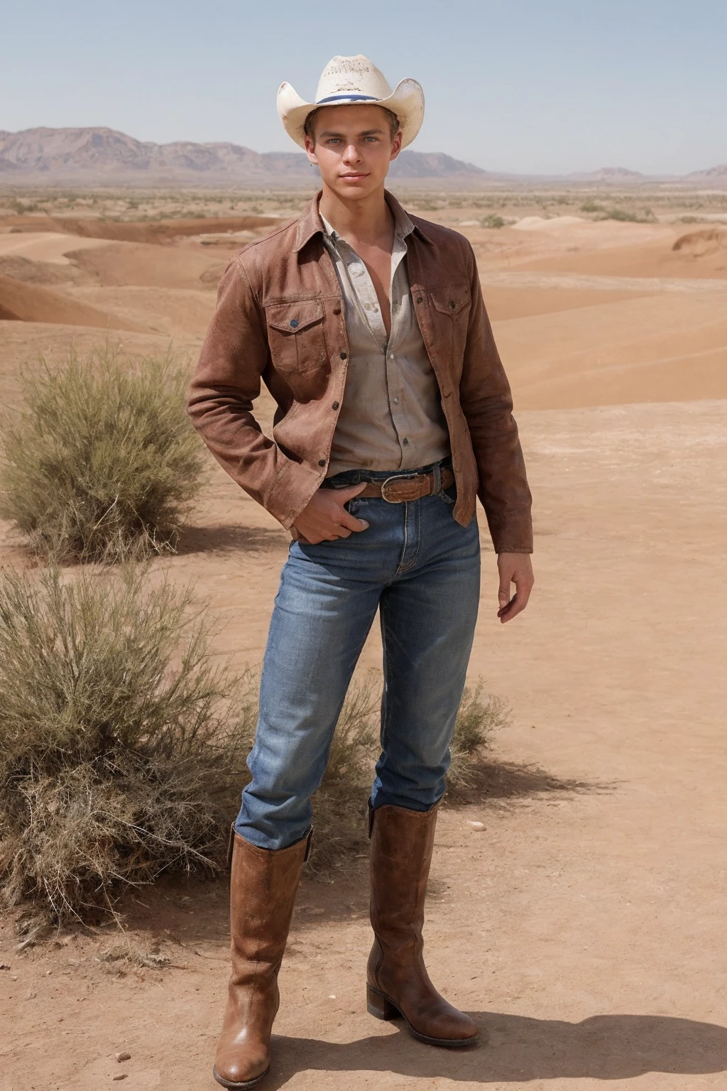 photo of mattperson <lora:Matt_epoch_4:0.8> , wearing a cowboy outfit, cowboy boots, relaxed confident expression, standing outdoors, desert background