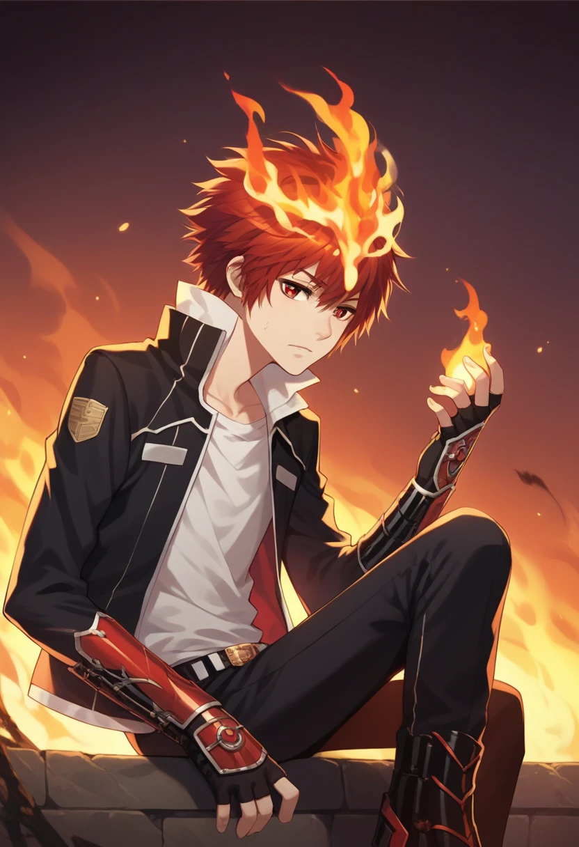 score_9, score_8_up, score_7_up, score_6_up, highly detailed, masterpiece, best quality,detailed,intricate details, amazing quality, best aesthetic, absurdres,source_anime,1boy,fire, gloves, sitting, jacket, fingerless gloves, enma_hyper, fire on head, red hair, red eyes, , score_5_up<lora:EMS-391989-EMS:0.800000>