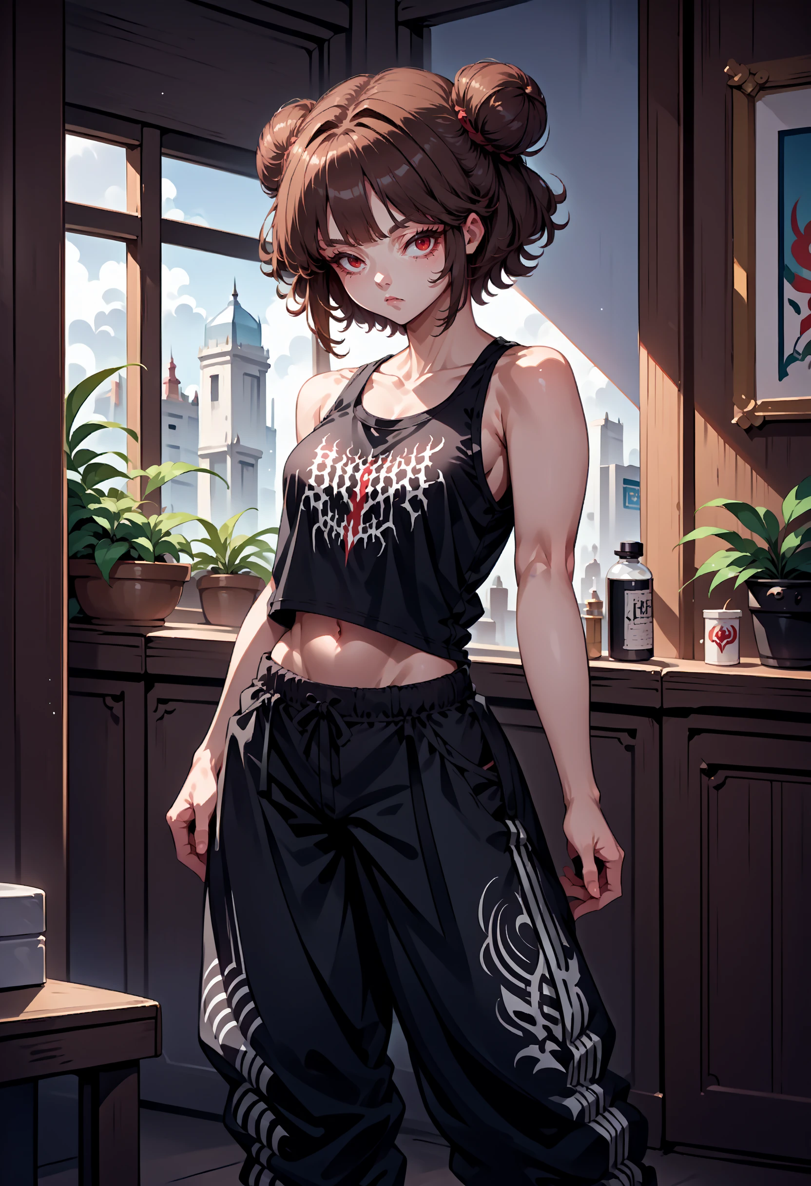 score_9, score_8_up,score_7_up, source_anime, rating_safe, 1girl, solo, <lora:EPblackmetalprint:1>, EPblackmetalprint, wearing EPblackmetalprint, black tank top, black pants, black shorts, baggy pants, 1girl, red eyes, brown hair, buns, medium hair, indoors, standing