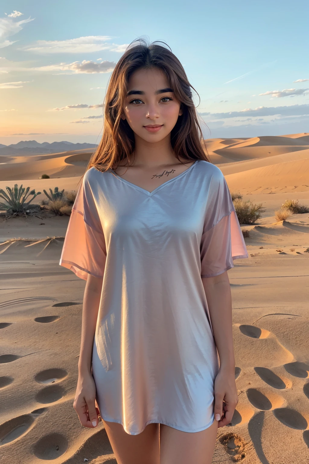 a photograph of (1girl, 21 years old, slight smile),  <lora:ZH_AJRaval_v1SD1.5:1>, zh_ajraval, solo, realistic, long hair, brown eyes, looking at viewer,  wearing (tunic)