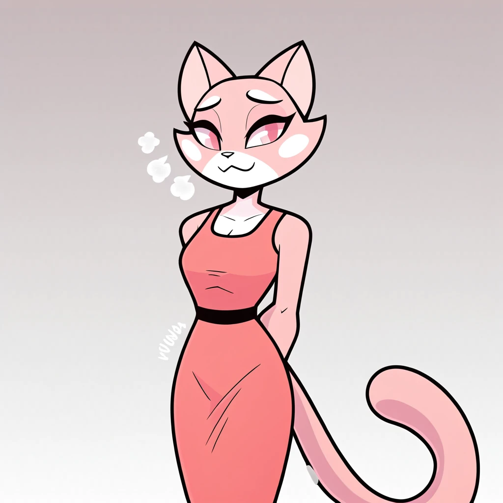 score_9_up, score_8_up, score_7_up, rating_questionable, furry_female, felid, (shima luan:1.2), pink eyes, tight pink sheath dress, in heat, pretty pose, arms behind back, beautiful gradient background, gradients, <lora:ShimaPDXL:0.8>