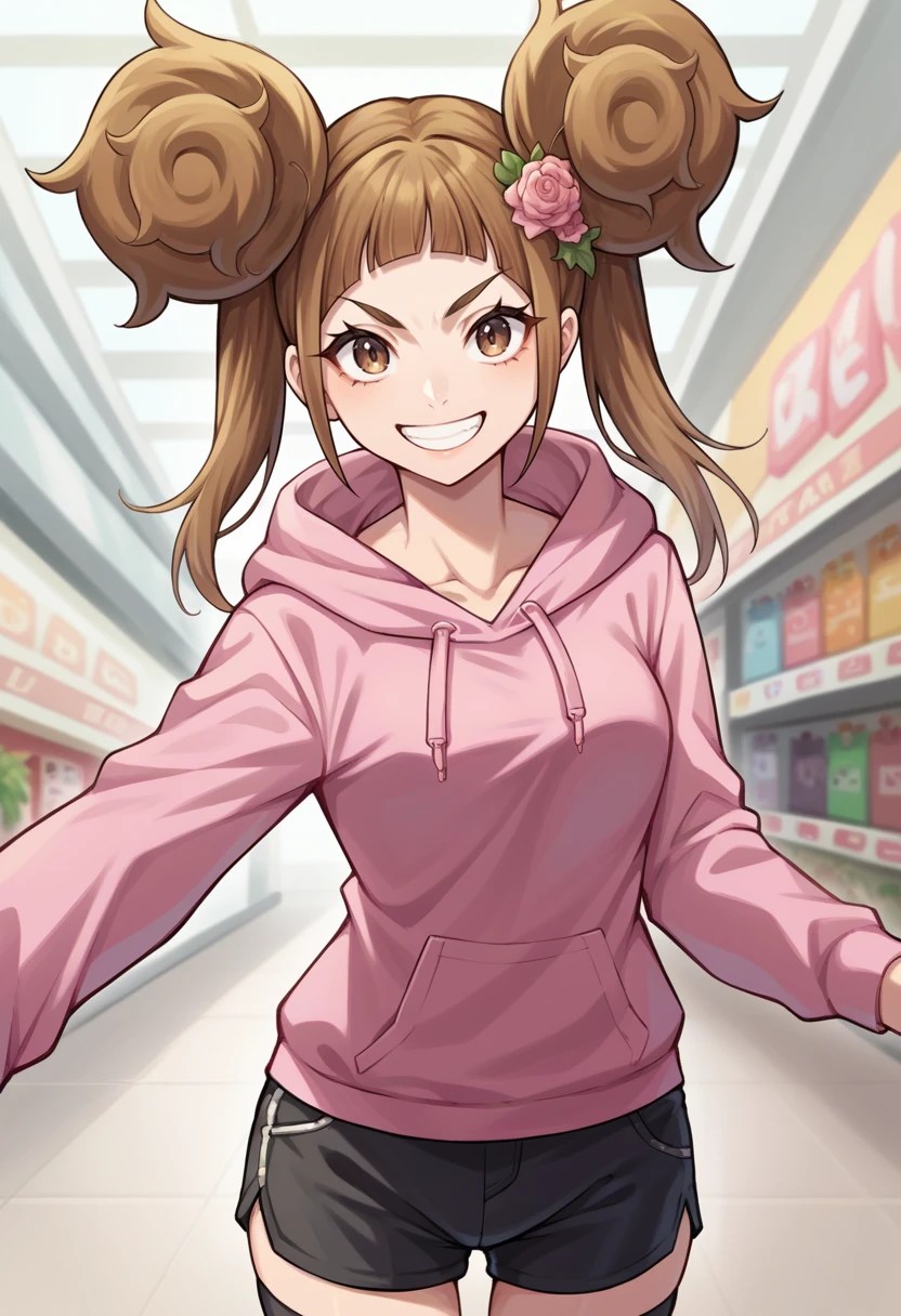 score_9, score_8_up, score_7_up, source_anime BREAK 1girl, solo,
<lora:zs_RirinXL:1> ririndx2, brown hair, double bun, pink hoodie, black shorts, black thighhighs
mall, cowboy shot, looking at viewer, grin