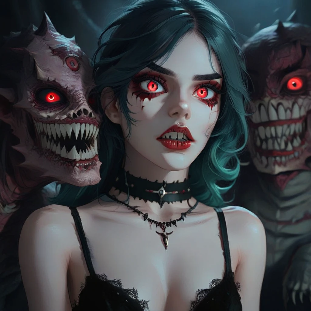 makeup, red eyes, choker, lips, parted lips, teeth, sharp teeth, necklace, black bra, red lips