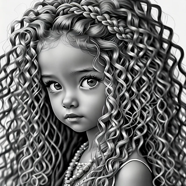 little girl, child, solo, long hair, looking at viewer, hair ornament, jewelry, monochrome, greyscale, wavy hair, portrait, realistic  <lora:bwLaser-000013:0.7>