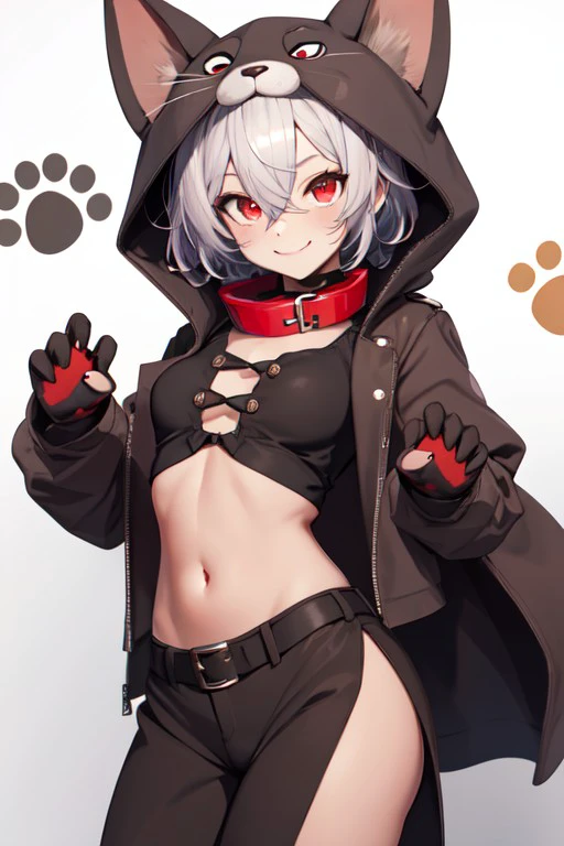 dog costume, midriff, hair between eyes, collar, paw print, closed mouth, paw gloves, navel, red eyes, fang, smile, <lora:02768be6-7015-4ba2-97f3-69ab523e5261:0.7>