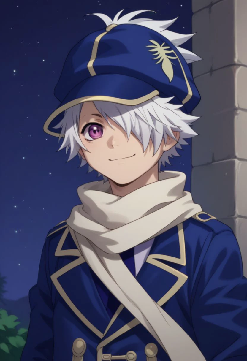 score_9, score_8_up, score_7_up, source_anime, highly detailed, 
lag, 1boy, male focus, solo, scarf, gloves, hat, uniform, hair over one eye, purple eyes, white hair, smile, blue uniform, jacket, upper body, cute,
outdoor, night sky,