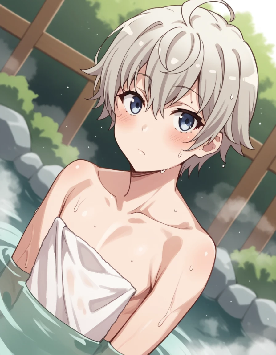 score_9, score_8_up, score_7_up, source_anime,
saikatotsuka, <lora:saika-totsuka-s2s3-ponyxl-lora-nochekaiser:1>,
saika totsuka, blue eyes, ahoge, grey hair, androgynous,
nude, naked,
outdoors, onsen, towel, naked towel, steam, bathing, nude cover, partially submerged, water, bath, steam censor, wet towel, blush,
looking at viewer, cowboy shot, solo, dutch angle,