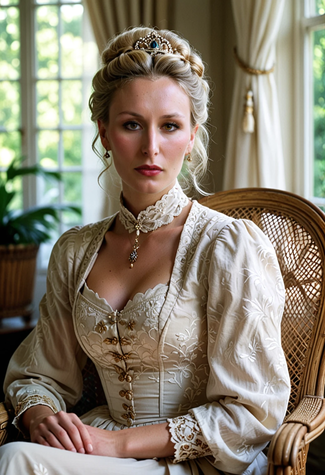 19th century, rich colonial indian house, artistic photo of a porcelain skin tone, Blonde Marion Marechal Lepen, victorian updo, long blond hair, seated in a peacock rattan armchair, in front of a bay window with diaphanous white curtains, (detailed eyes, detailed lips, detailed face, detailed hands), intricately detailed, golden hour, backlighting, soft shadows, depth of field, photorealistic, analog film grain