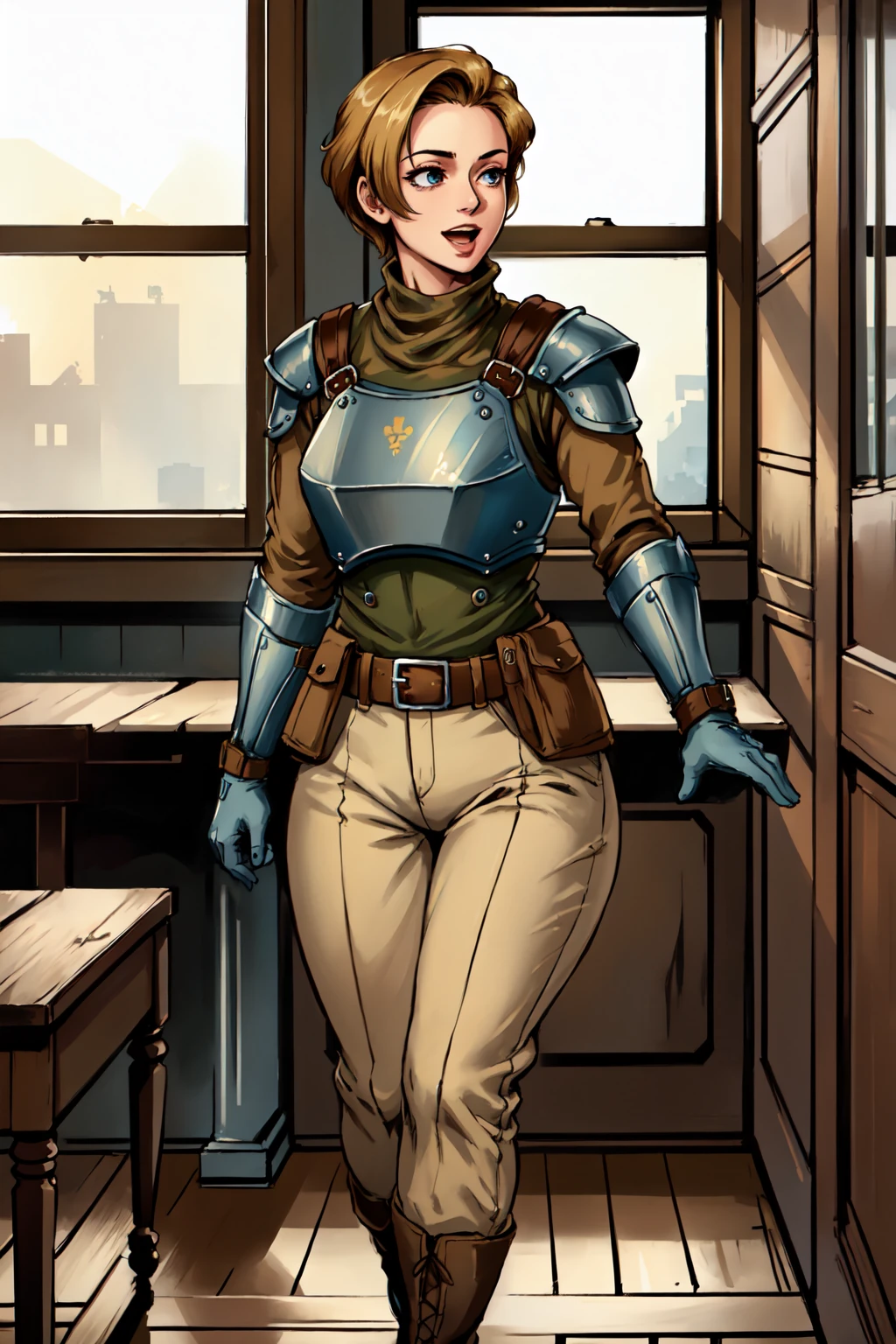 masterpiece,best quality,1girl,solo, <lora:colmoore15fnv:0.65>,colmoorenv,standing,uniform,armor,belt,pants,happy,:d,full body,military,boots,dark blonde hair,indoors, fcDetailPortrait,detailed background,short thick hair
