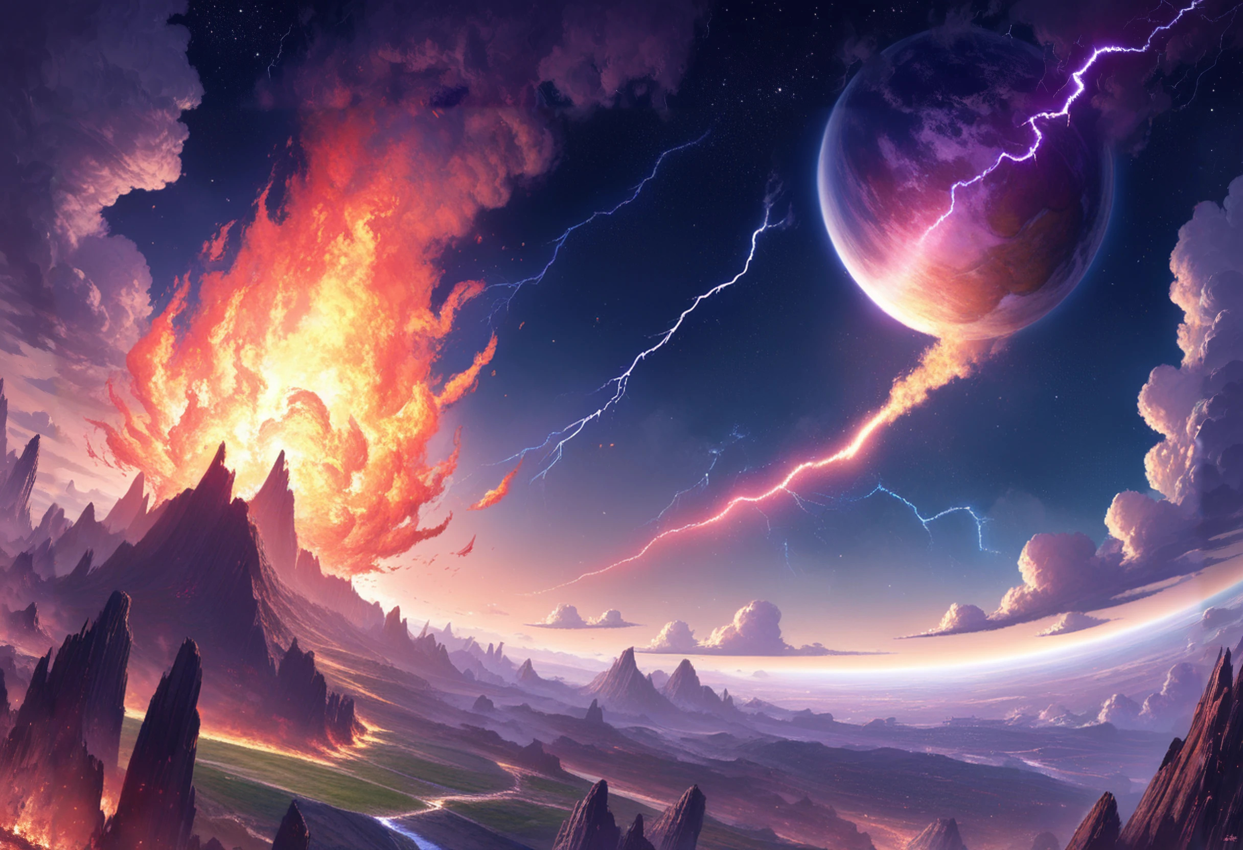 f1r3elemental style, scenery, no humans, cloud, sky, planet, star (sky), space, starry sky, lightning, cloudy sky, outdoors, explosion, science fiction, electricity, fire, flames, smoke, embers, made of fire, on fire, source_anime, zPDXL , <lora:END-Fire_Elemental_Style:0.8>