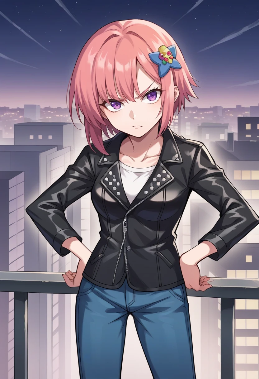 score_9, score_8_up, score_7_up, source_anime BREAK 1girl, solo,
<lora:zs_KodenXL:1> shioridx2, pink hair, short hair, purple eyes, hair ornament, black leather jacket, blue jeans
cowboy shot, annoyed, city, rooftop, night, hands on hips, looking at viewer