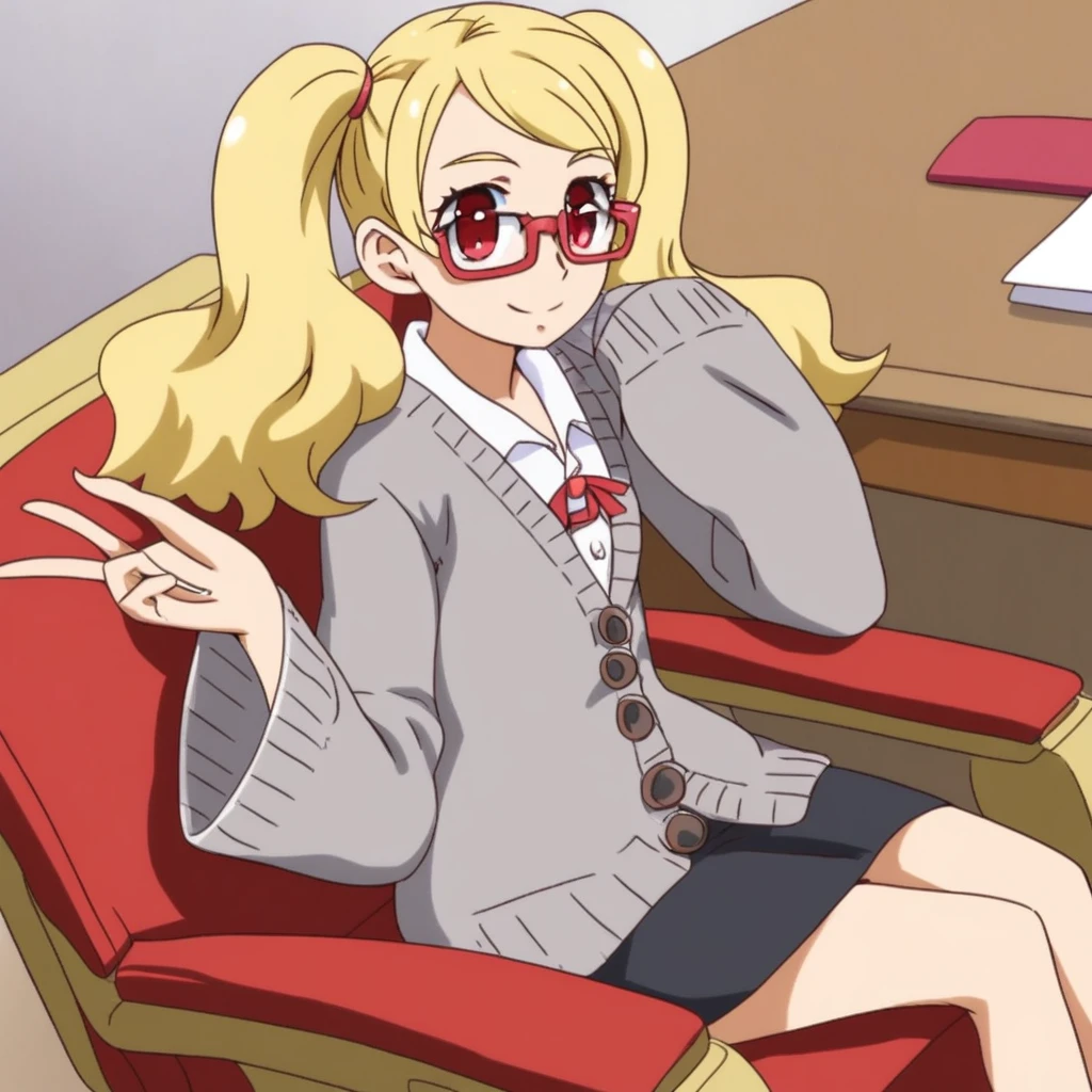 1girl, solo, sitting, desk, chair, glasses, blonde hair, twintails, red eyes, smile, skirt, white shirt, black skirt, wide sleeves, cardigan, grey cardigan