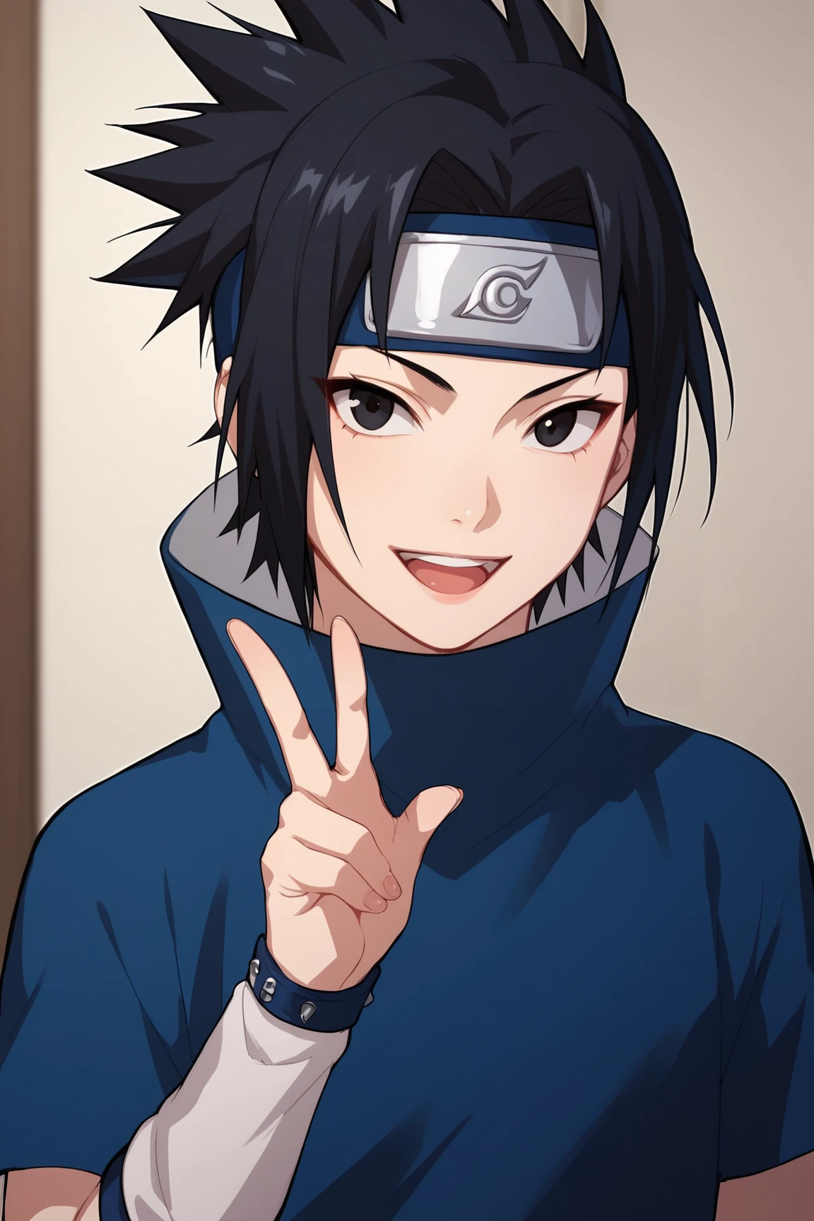 score_9, score_8_up, score_7_up, score_6_up, score_5_up, score_4_up, SasukeGEXL, black eyes, black hair, short hair, spiked hair, parted bangs, forehead protector, high collar, blue shirt, short sleeves, solo, front view, (portrait, upper body), solo focus, peace sign, open mouth, seductive smile, looking at viewer, indoors <lora:SasukeGEXL:0.9>