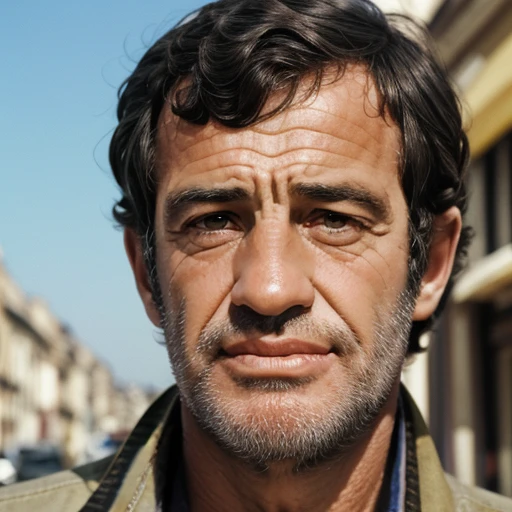 1boy, jpbelmondo, man, mid-forties, looking at the viewer, focus on face, portrait, solo, blurry background, <lora:Jean-Paul_Belmondo:1>