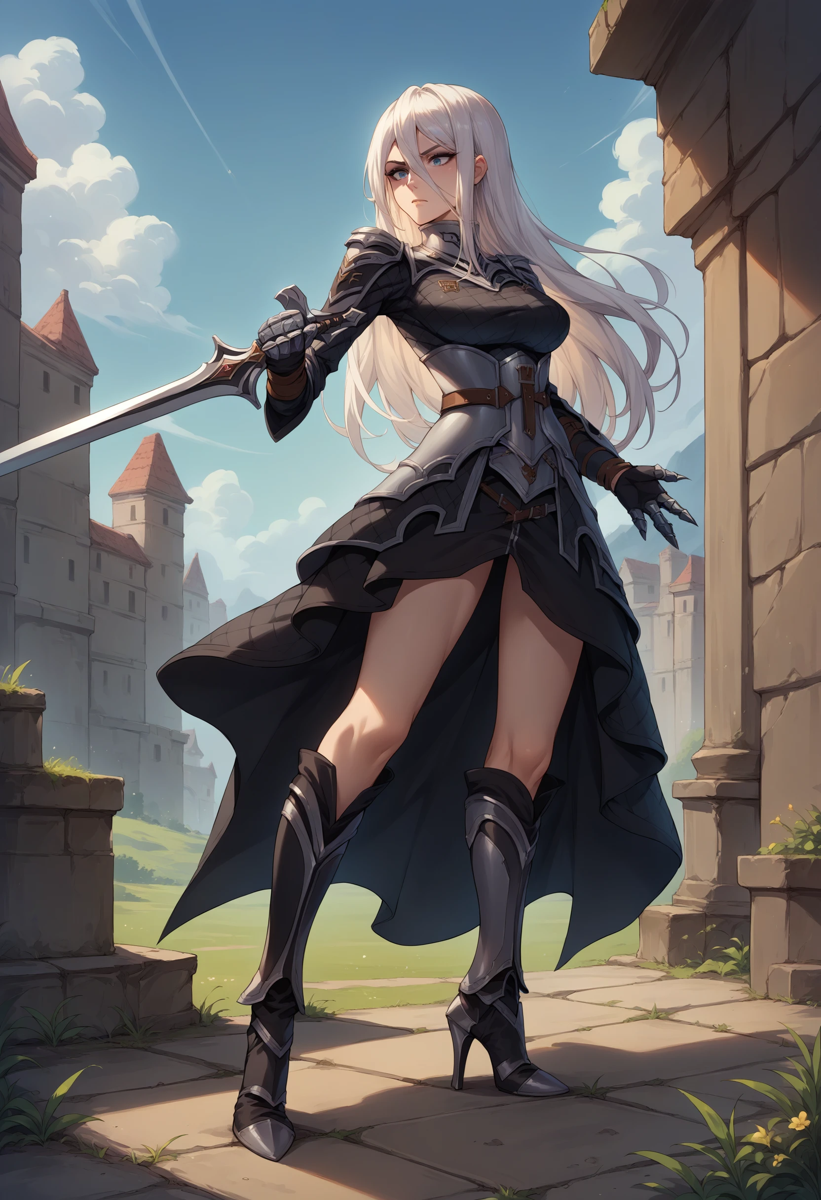 score_9, score_8_up, source_anime, 1girl, solo, AngeliseReiter, white hair, long hair, hair between eyes, makeup, armored dress, black dress, gauntlets, shoulder armor, metal underbust, legs, high heel boots, outdoors, holding sword, <lora:ChamAngeliseReiterPonyXL:1>