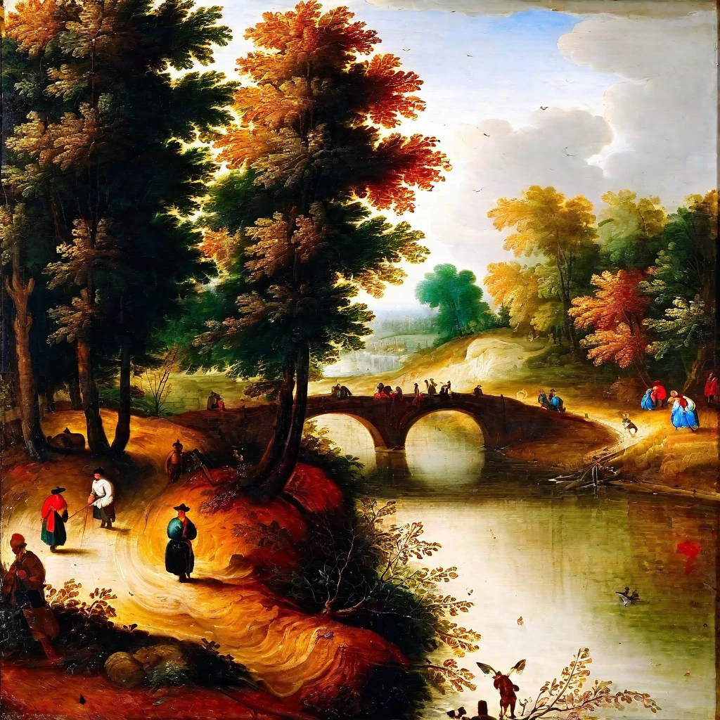 <lora:huixin10:1.0>,
Renaissance, Bruegel Pieter, Landscape painting, 17th century, forest, trees, autumn foliage, stream, bridge, figures in the distance, romantic, atmospheric, lush, vibrant colors, naturalistic, scenic, idyllic, serene, tranquil, detailed, textured, oil on canvas., (((masterpiece))),(((best quality))),((ultra-detailed))