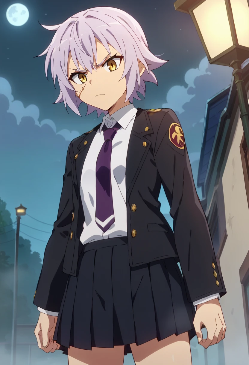 score_9, score_8_up, score_7_up, source_anime, anime screencap,
<lora:FateApocrypha_JackTheRipperXL:0.8>, JackTheRipperFA,
1girl, closed mouth, angry,
lavender hair, short hair, scar,
school uniform, black jacket, open jacket, white shirt, purple necktie, pleated skirt, black skirt,
looking at the viewer,
outdoors, night, moon, fog