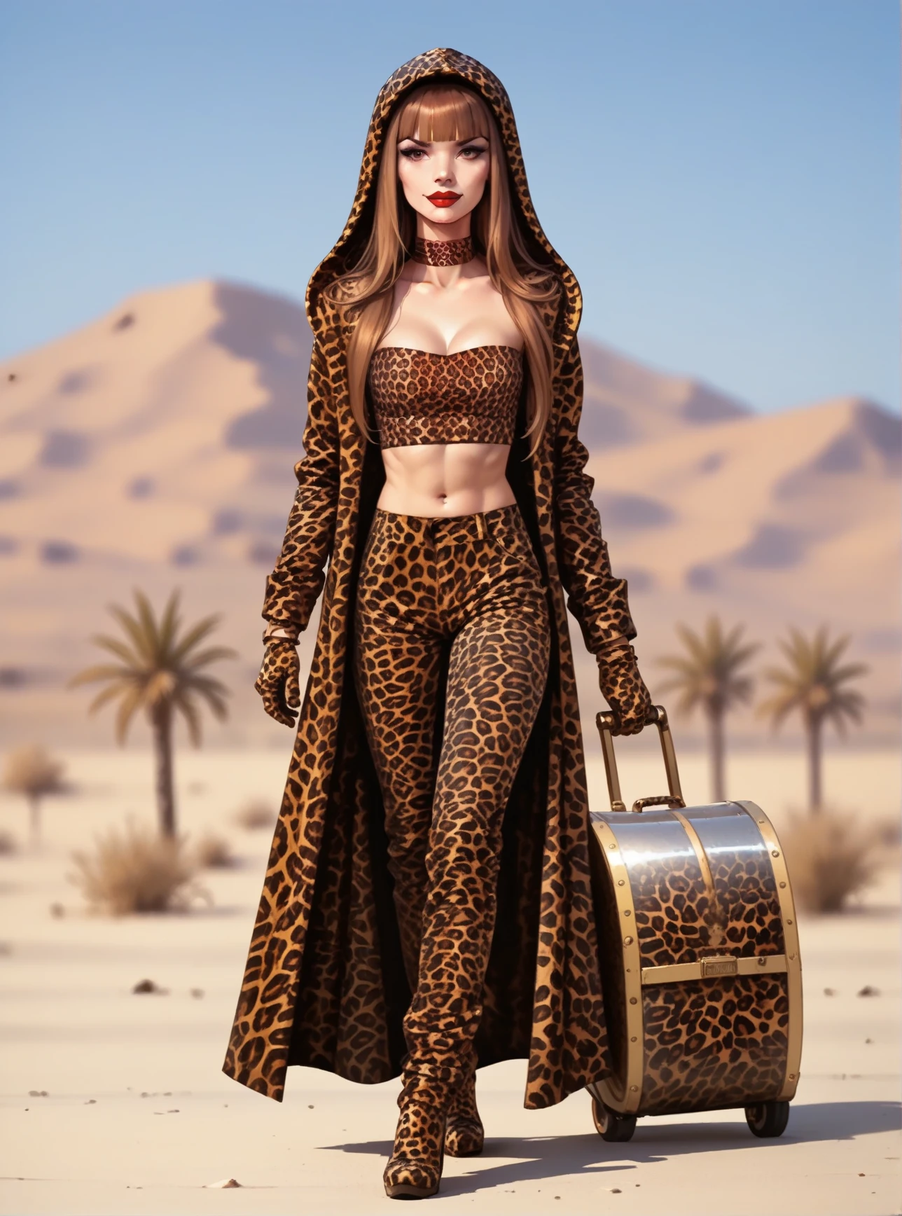 score_9, score_8_up, score_7_up, score_6_up, score_5_up, score_4_up, 1girl, long brown hair, brown eyes, blunt bangs, hud_t_d_i_m_m,  leopard print open coat, tube top, pants, choker, full body, hood, gloves, red lips, makeup, luggage, high heels, boots, <lora:impress_me:1>, desert