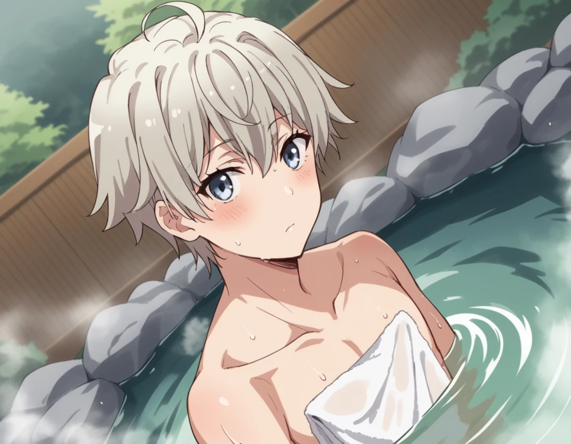 score_9, score_8_up, score_7_up, source_anime,
saikatotsuka, <lora:saika-totsuka-s2s3-ponyxl-lora-nochekaiser:1>,
saika totsuka, blue eyes, ahoge, grey hair, male focus,
nude, naked,
outdoors, onsen, towel, naked towel, steam, bathing, nude cover, partially submerged, water, bath, steam censor, wet towel, blush,
looking at viewer, cowboy shot, solo, dutch angle,