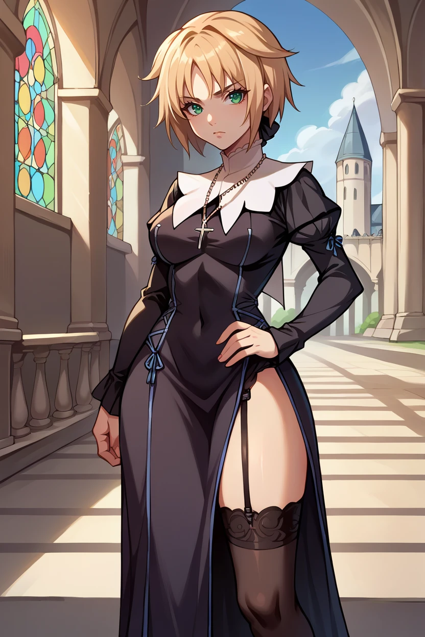 score_9, score_8_up, score_7_up, score_6_up, source_anime, BREAK 1girl, solo,  <lora:teresaberia-pdxl-nvwls-v1-000005:1> teresaberia, blonde hair, green eyes, necklace, nun dress, black dress, long sleeves, medium breasts, black thighhighs, garter straps, looking at you, serious, cathedral, side slit