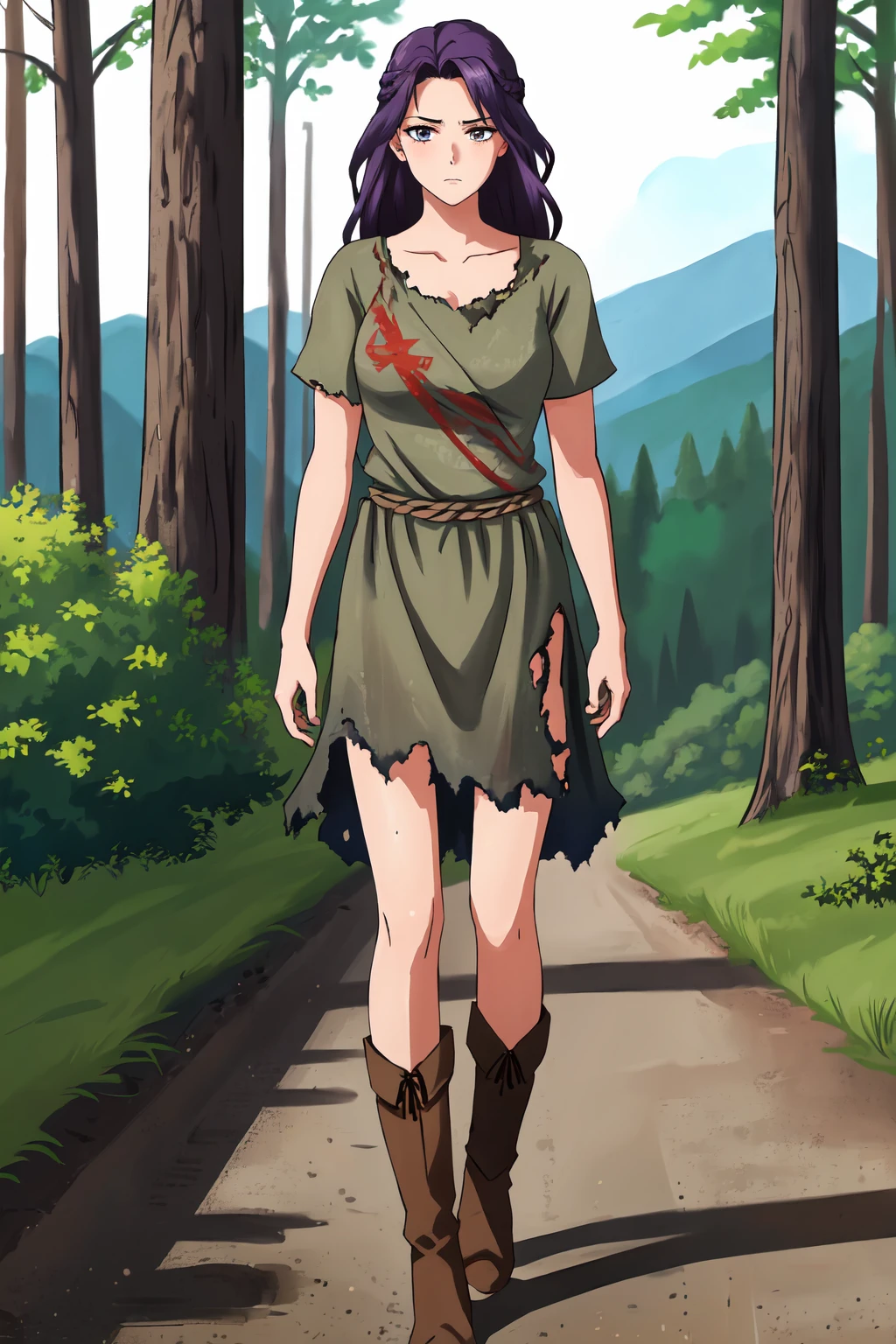 masterpiece,best quality,1girl,long hair,purple hair,standing,fnvlegionslave, <lora:FNVlegionslave15:0.7>,torn clothes,short sleeves,torn dress,boots,glum,full body,outdoors,arms at sides,in mountain forest,dirty, fcPortrait