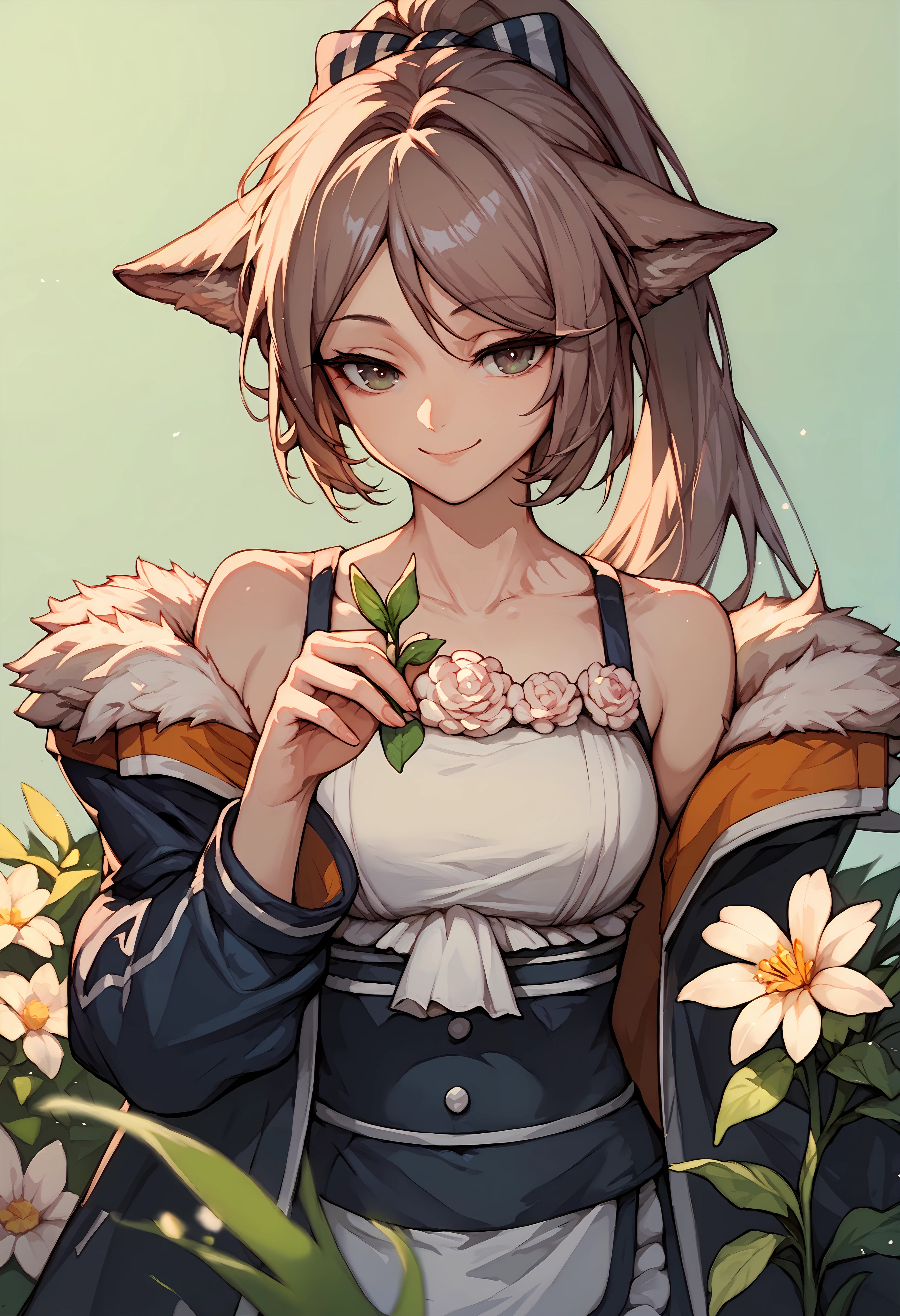 (score_9, score_8_up, score_7_up), 1girl, perfumer, open jacket, waist apron, smelling flower, seductive smile, closed mouth, simple background, <lora:perfumer-akPO-v1c-000008:0.9>