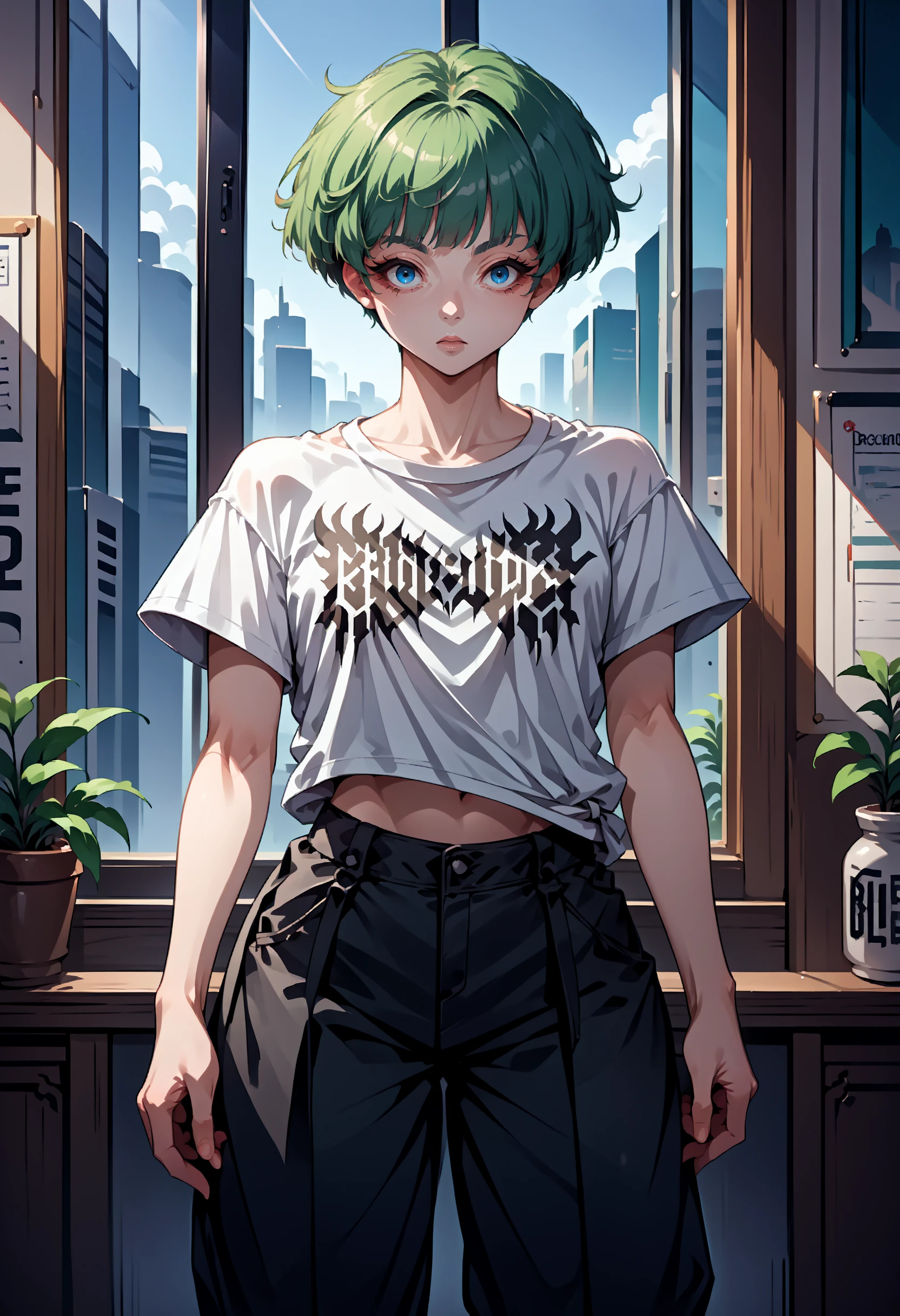 score_9, score_8_up,score_7_up, source_anime, rating_safe, 1girl, solo, <lora:EPblackmetalprint:1>, EPblackmetalprint, wearing EPblackmetalprint, white t-shirt, black pants, black shorts, baggy pants, 1girl, blue eyes, green hair, pixie cut, short hair, indoors, standing