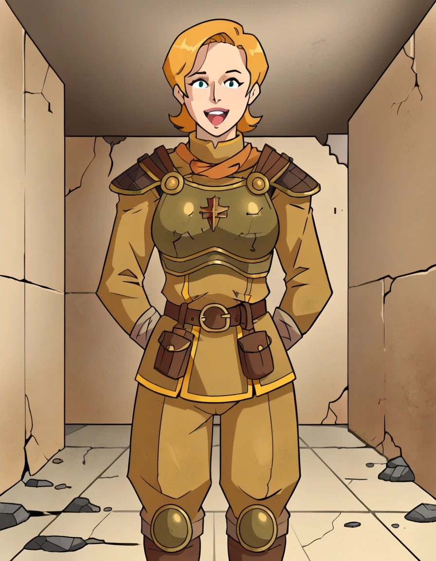 1girl,solo,colmoorefnv,<lora:Colmoorepony:0.95>,standing,dark blonde hair,happy,:d,military uniform,armor,shoulder armor,belt,boots,indoors,in abandoned building,concrete,arms at sides