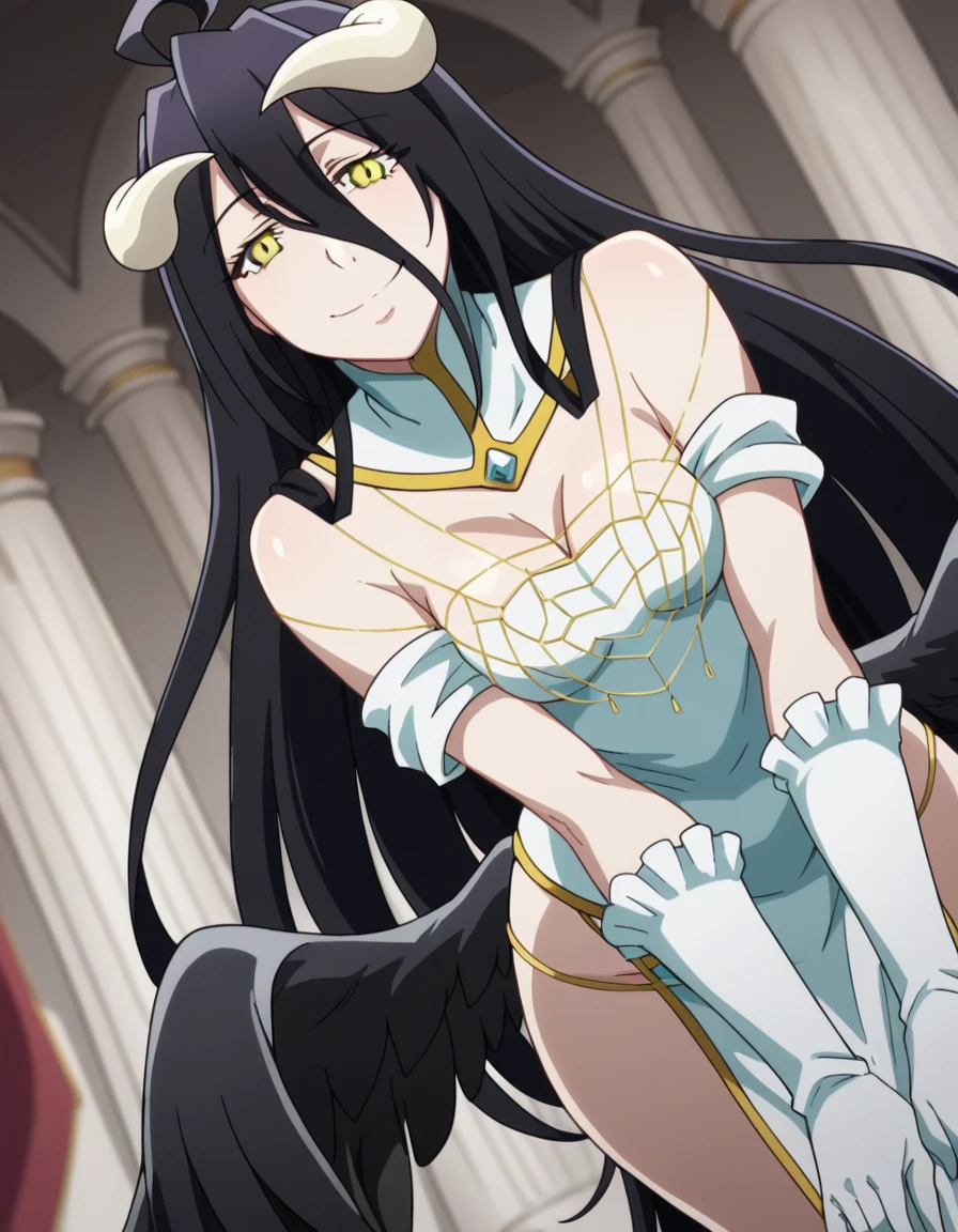 score_9, score_8_up, score_7_up, source_anime,
overlordalbedo, <lora:overlord-albedo-s1s2-ponyxl-lora-nochekaiser:1>,
albedo, ahoge, black hair, horns, long hair, yellow eyes,
bare hips, bare shoulders, black wings, detached collar, elbow gloves, feathered wings, gloves, gold trim, high collar, hip vent, jewelry, low wings, white gloves, wings,
indoors, bent over, smile,
looking at viewer, cowboy shot, solo, dutch angle,