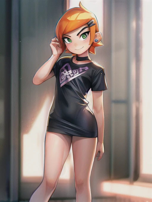 <lora:Gwen10Ben10:0.8>, Gwen10Ben10, 1girl, orange hair, green eyes, hair_ornament, short hair, hairclip, hair-clip, hair_clip, earrings, wearing a cyberpunk shirt, jewelry, 4k, high quality, high resolution, high detail, beautiful, gorgeous, reflections, matte shadows, refraction, beautiful, skinny, perfect lighting, looking at camera, smiling, highly detailed face, realistic, blushing, soft toned body, (solo focus), cartoon, aesthetic, perfect lighting, perfect shadows, full body portrait, professional photoshoot, high contrast, low exposure, high focus, lipstick, sfw,  <lora:add_detail:0.7>, goth dress, goth punk,  <lora:Gothpunkgirl:1>, well-defined eyes, well-defined face, high quality, high definition,