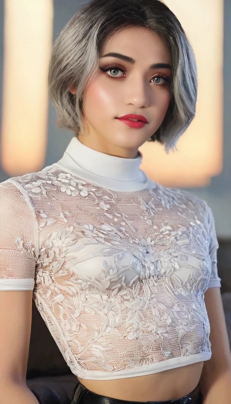 Malay girl, very short white hair, Sculpted Pixie cut hair, dresses with puffy sleeves, cute headwear, printed socks, light jackets, cute collars, cuffs and gloves. seduce, seducing pose, front view, windy, detail skin, age spot, detail skin texture, mole below eyes, small breast, flat chest, wide hips, small waists, thick thighs, slim abs, beautiful body, nighttime, laughing, happy, bright lighting, living room, blur background, bokeh,