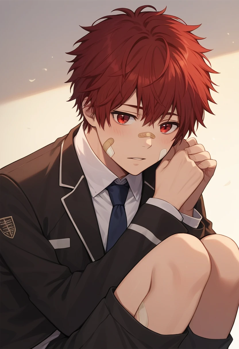 score_9, score_8_up, score_7_up, score_6_up, highly detailed, masterpiece, best quality,detailed,intricate details, amazing quality, best aesthetic, absurdres,source_anime,1boy,enma kozato, red hair, red eyes, 1boy,,enma kozato, red hair, red eyes, 1boy, male focus, necktie,socks, bandaid on face, bandaid on leg, shorts,, score_5_up<lora:EMS-391989-EMS:0.800000>