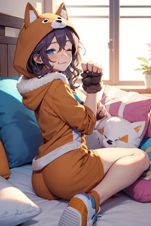 dog costume, tomboy, shorts, closed eyes, pillow, paw pose, blue eyes, looking back, wavy mouth, shirt, fur trim, <lora:02768be6-7015-4ba2-97f3-69ab523e5261:0.7>