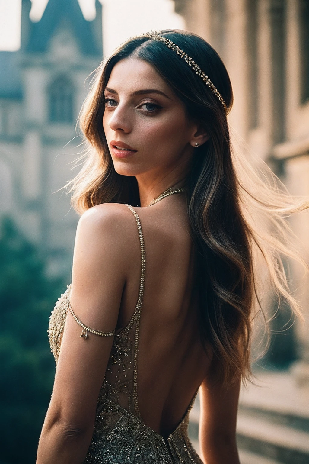 AngelaS_SoloTI_v1,
(In a richly embroidered medieval dress, with a jeweled headpiece and a solemn expression, for a noble and historical look),
(A grand stone castle hall at twilight, with flickering torches and the echo of footsteps on the stone floor, majestic atmosphere),
(seductive:1.3),(analog, cinematic, film grain, hazy atmosphere, cinematic shot:1.3), 
(soft and diffused lighting, enhancing the vibrant and artistic atmosphere with a combination of soft and natural light), 
<lora:add_detail:0.6>, PA7_Portrait-MCU,