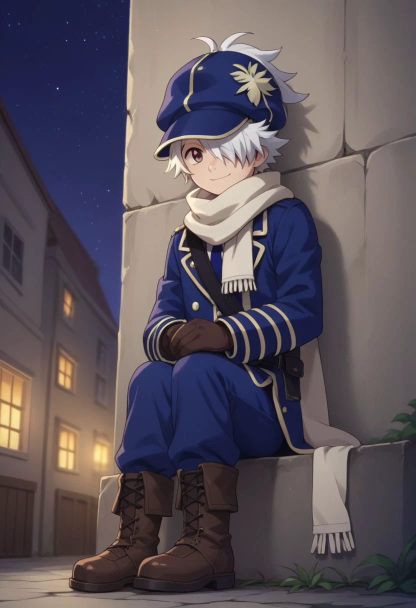 score_9, score_8_up, score_7_up, source_anime, highly detailed, 
lag, 1boy, male focus, solo, scarf, gloves, hat, uniform, hair over one eye, white hair, smile, military uniform, military, socks, boots, cute,
outdoor, night sky,