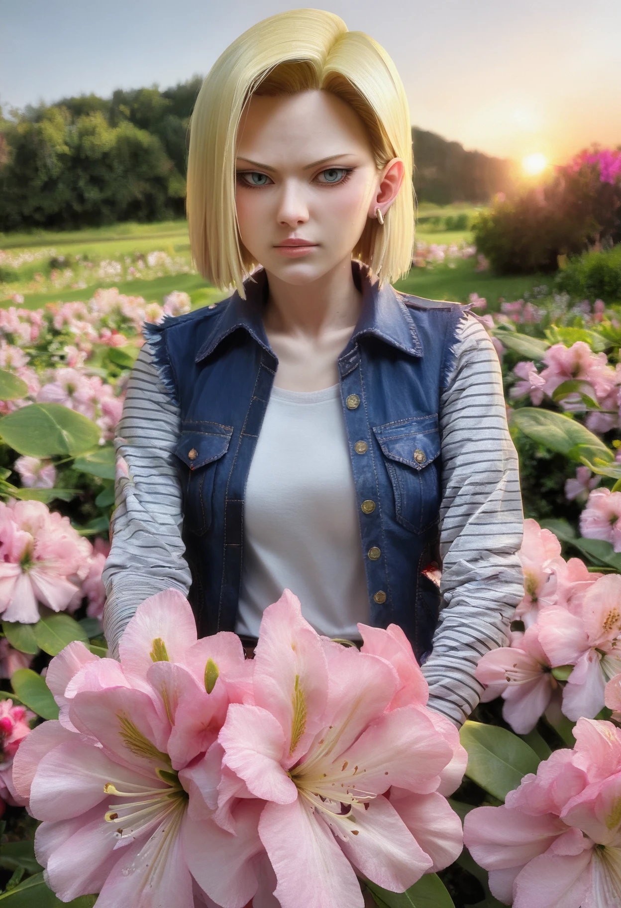 score_9, score_8_up, score_7_up, photo of fl0rRos1ta flower bush, source_DBZ, android 18, field of flowers, Japanese countryside, fuji mountain, sunset, realistic, photography, cinematic, cinema still, volumetric lighting  <lora:fl0rRos1ta_v111-000003:0.8>