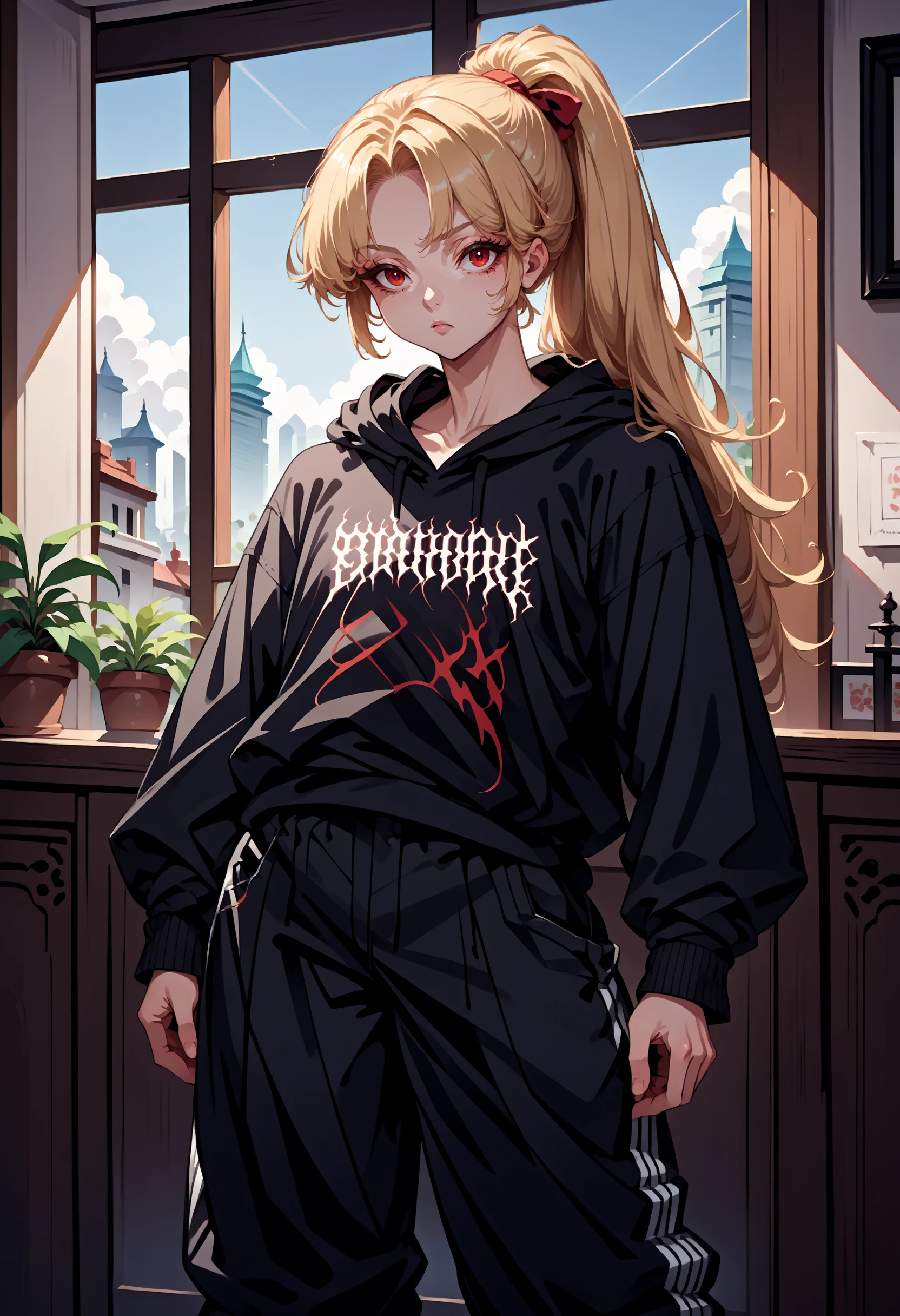 score_9, score_8_up,score_7_up, source_anime, rating_safe, 1girl, solo, <lora:EPblackmetalprint:1>, EPblackmetalprint, wearing EPblackmetalprint, black hoodie, black pants, black shorts, baggy pants, 1girl, red eyes, blonde hair, ponytail, long hair, indoors, standing