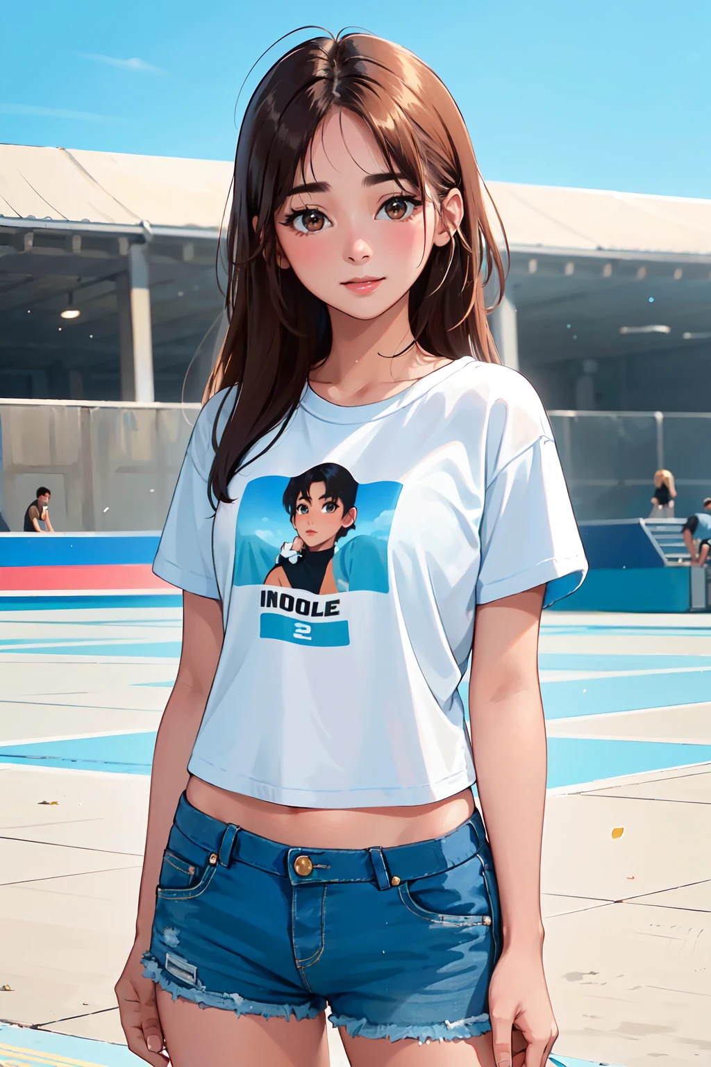 a photograph of (1girl, 21 years old, slight smile),  <lora:ZH_AJRaval_v1SD1.5:1>, zh_ajraval, solo, realistic, long hair, brown eyes, looking at viewer,  wearing (t-shirt and crop shorts)