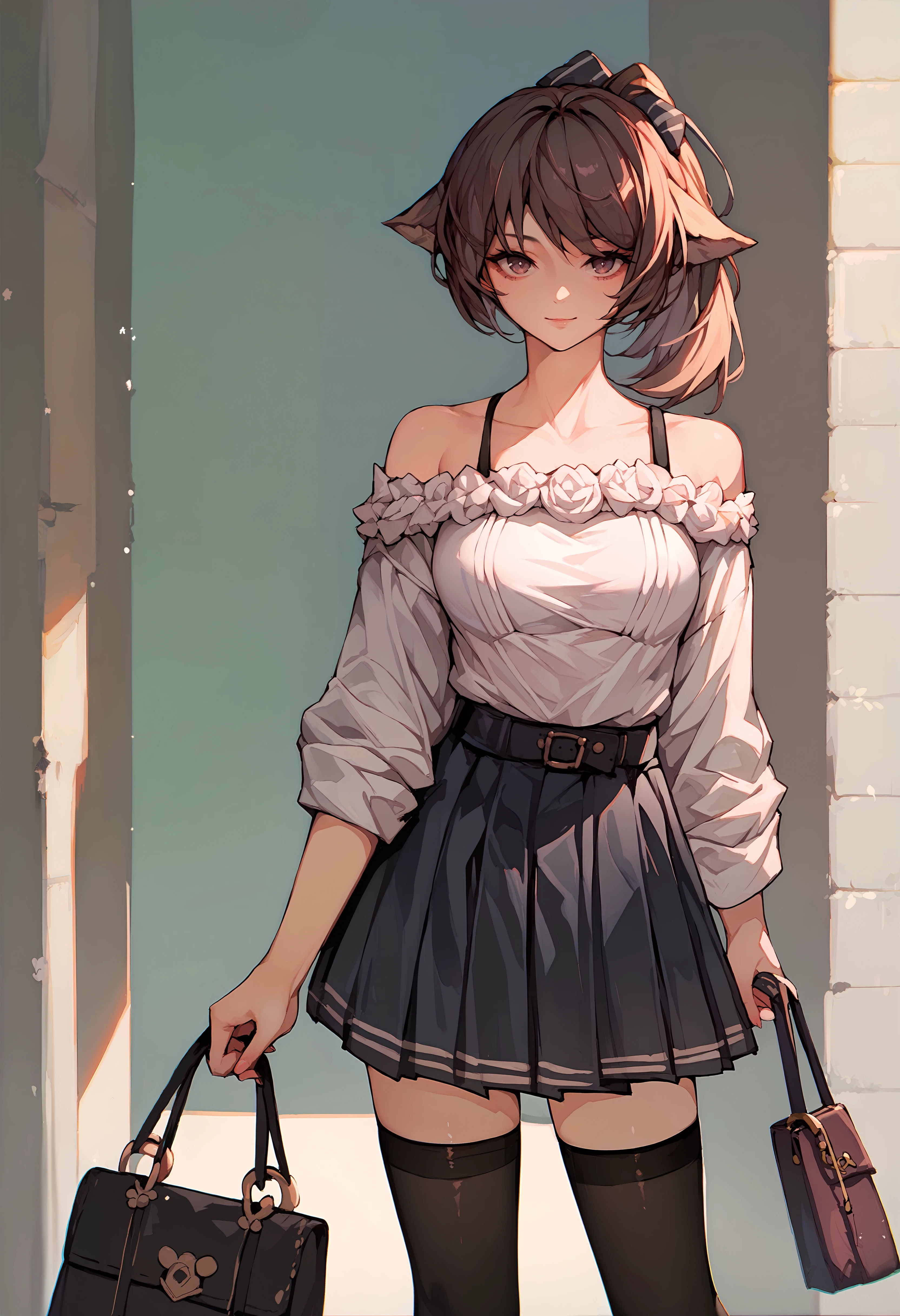 (score_9, score_8_up, score_7_up), 1girl, perfumer, off shoulder shirt, pleated skirt, lace black thighhighs, handbag, simple background, <lora:perfumer-akPO-v1c-000008:0.8>