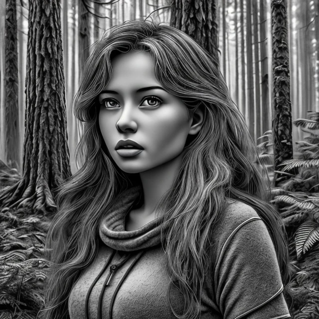 women in forest, monochrome, greyscale, realistic  <lora:bwLaser-000009:0.7>