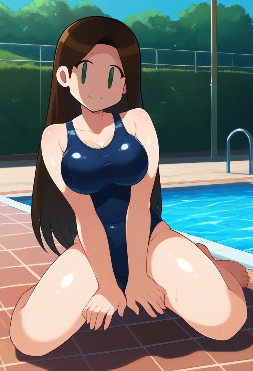 score_9, score_7_up, hd, (ultra hd quality details), outdoors, flat colors, poolside,
solo, 1girl, sdlggy, large breasts,
school swimsuit, sukumizu,
looking at viewer, smile,
sitting,
<lora:_shadowleggy_oc-elesico-e09:1>