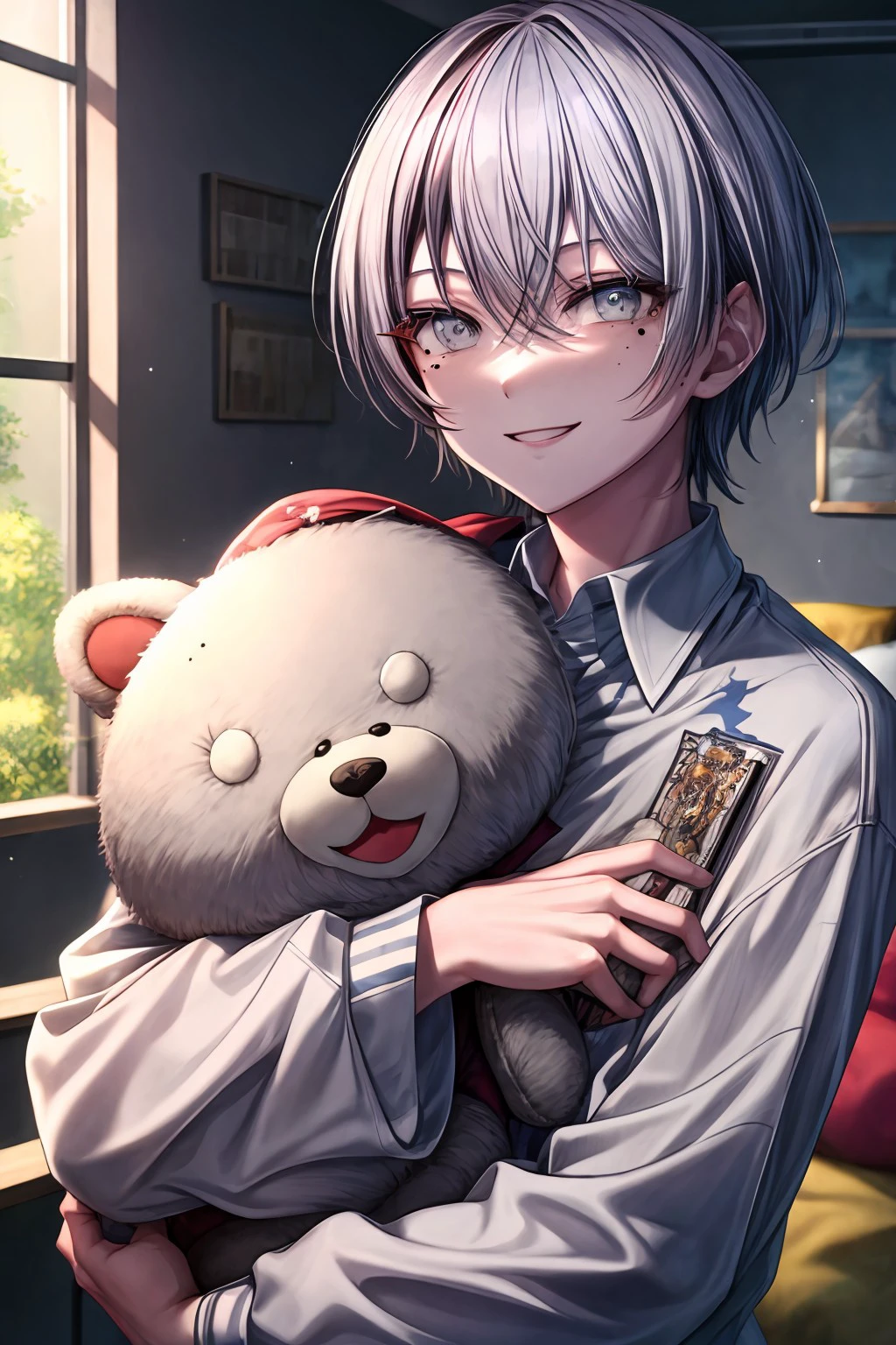 (masterpiece), best quality, expressive eyes, perfect face, toya, smile, shirt, black hair, long sleeves, holding, upper body, grey hair, collared shirt, indoors, mole, mole under eye, stuffed toy, stuffed animal, ground vehicle, lens flare, object hug, holding stuffed toy, food print, <lora:08a29a0d-24a5-4c80-9eec-7c880dc8da88:0.7>, <lora:more_details:0.7>