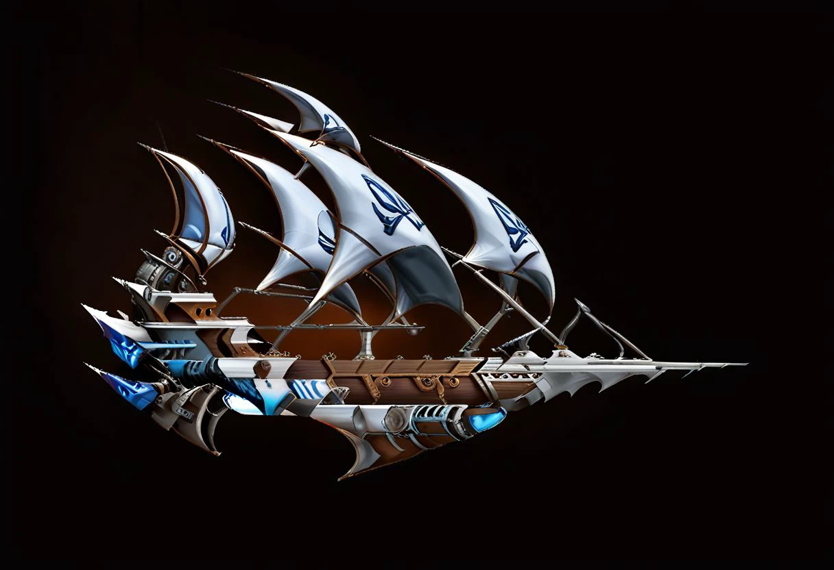 1 single ship, (white sails cloth large:2), eamflyship,  flying ship, side view, weapons on sides, bronze hull, heavy armored hull, armaments, cargo hull on sides, (glowing1.2) engine thrusters on backside, travel ship, plain dark background, highly detailed, high quality, masterpiece, ultra realistic, galeon, inflated sails