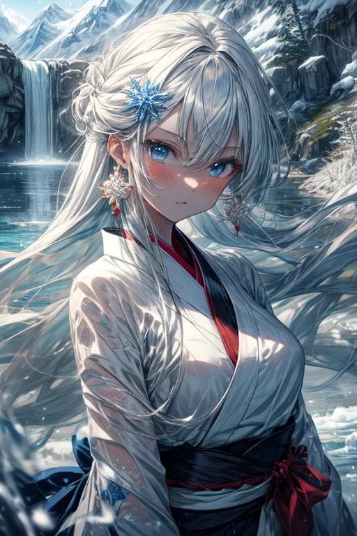 1 anime girl, solo, 1girl, elegant girl, cold and indifferent expression, white hair, icy blue eyes, icy miko clothes, bleu miko kimono, long hair, ofuda on the fronthead, little snowflake earrings, snowflake hair ornament, snowy mountain background with frozen waterfall, masterpiece, best-quality,