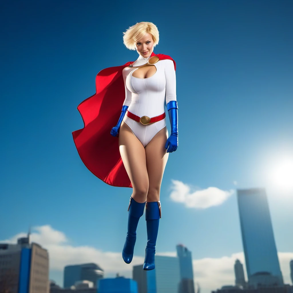 cinematic photo power girl, white leotard, red cape, short blond hair, belt, blue gloves, blue highheels boots, large breast, cutout cleavage, flying over a city  <lora:PowerGirl1024:0.8> . 35mm photograph, film, bokeh, professional, 4k, highly detailed