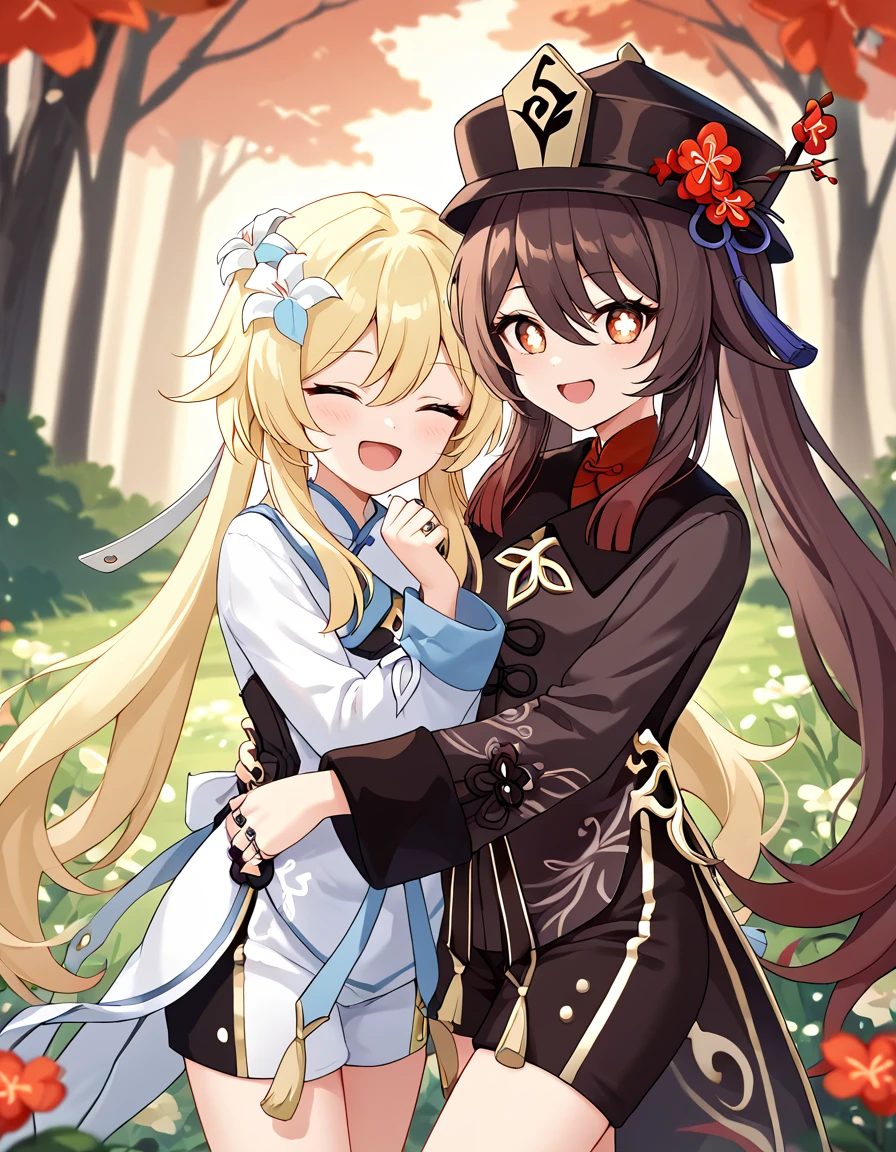 score_9, score_8_up, score_7_up,
duo,2girls hugging each other, happy, cute ,laughing, 
hu tao,official_costume,lumine,
BREAK forest background, flowers,
 <lora:hutao:0.9>