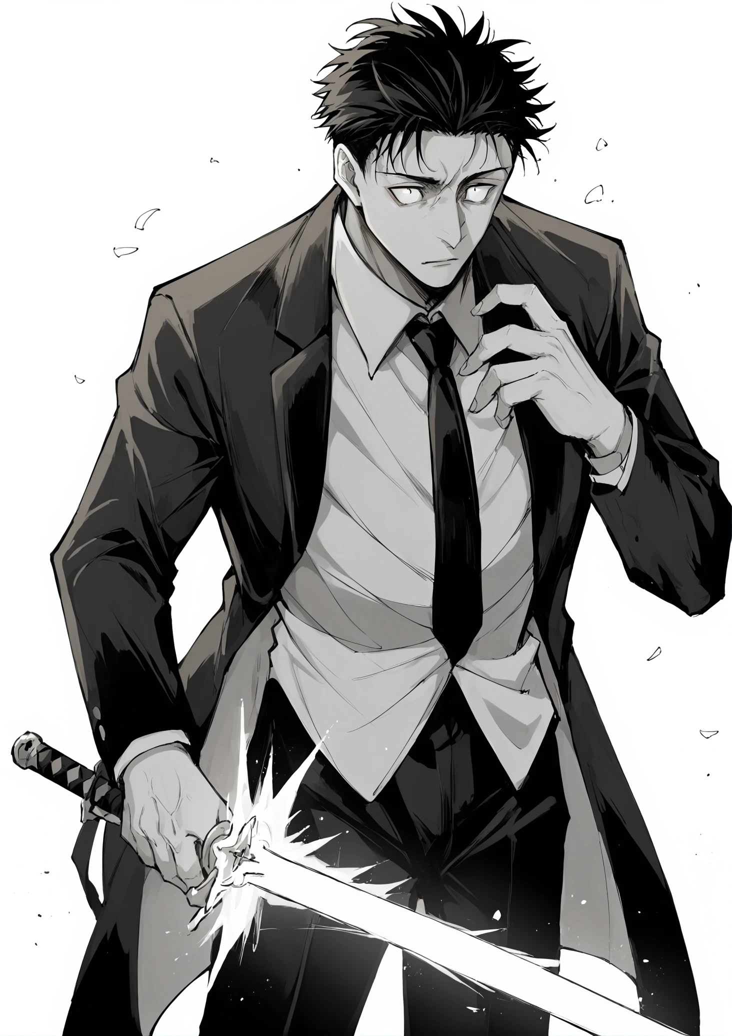 score_9, score_8_up, score_7_up, score_6_up, score_5_up, score_4_up, 2d, digital art, digital artwork, thick lines, hiromi higuruma  <lora:Hiromi_Higuruma:1>, 1boy, male focus, suit, monochrome, holding weapon, sword, glowing sword, cowboy shot BREAK source_anime